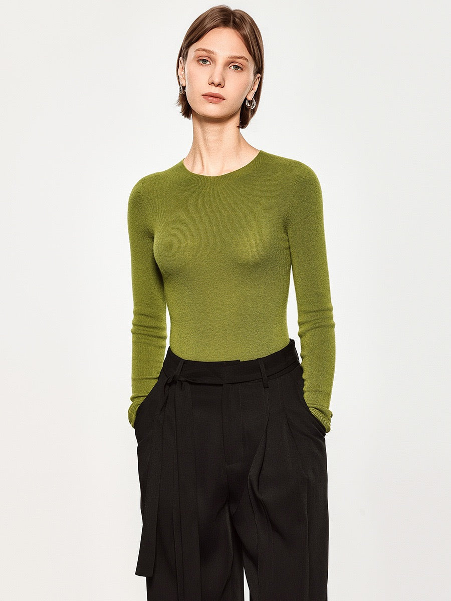 Sous-vêtement technique sans coutures, lavable en machine, en maille fine de laine à col rond