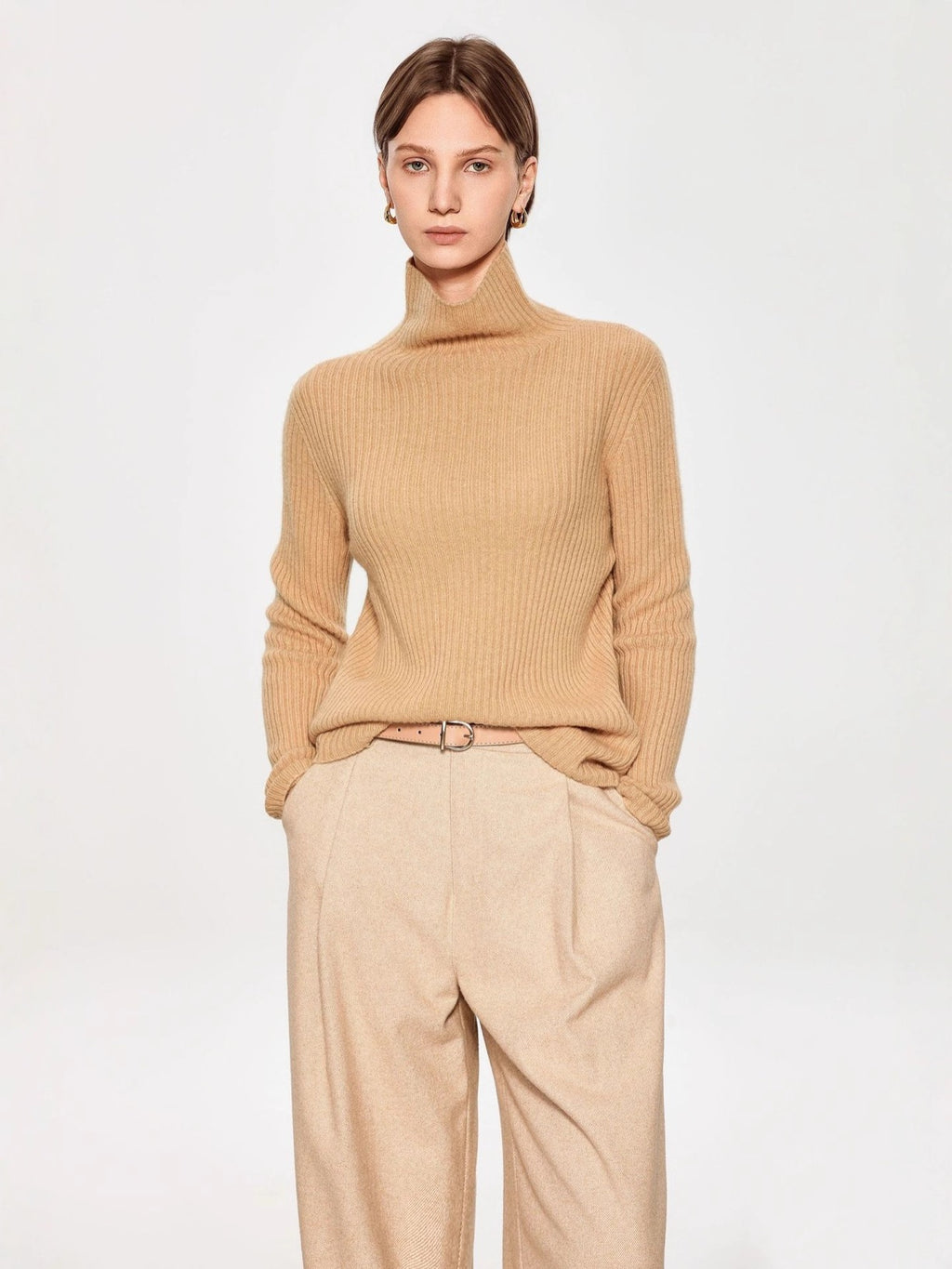 Pull en maille 100 % laine de mouton pour femme, pull côtelé sans couture, haut décontracté à manches longues
