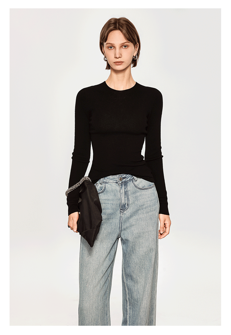 Sous-vêtement technique sans coutures, lavable en machine, en maille fine de laine à col rond