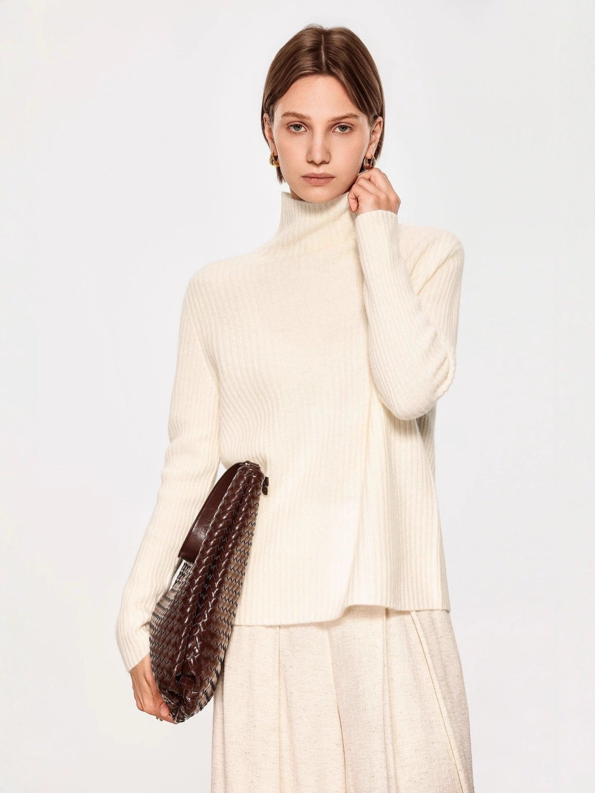 Pull en maille 100 % laine de mouton pour femme, pull côtelé sans couture, haut décontracté à manches longues